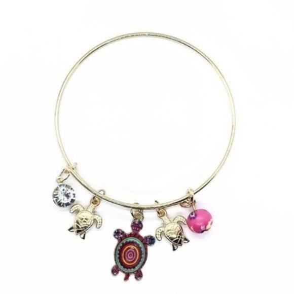 Beaded Sea Turtle Charm Colorful Bangle Bracelet - Picture 1 of 8